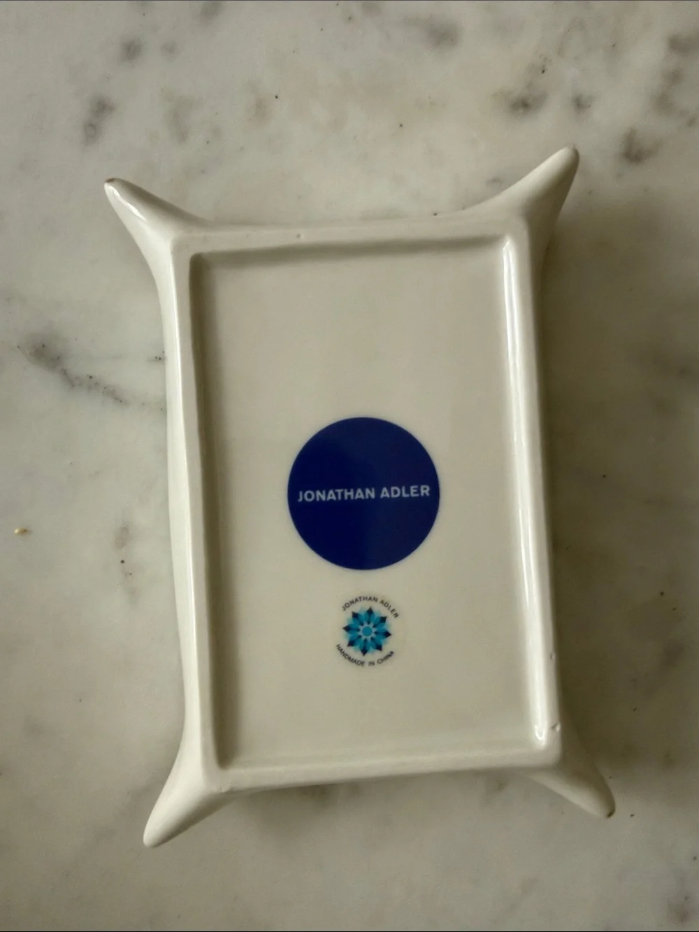 Jonathan Adler Cobalt Blue Ceramic Tray with Red Accent and Gold Trim